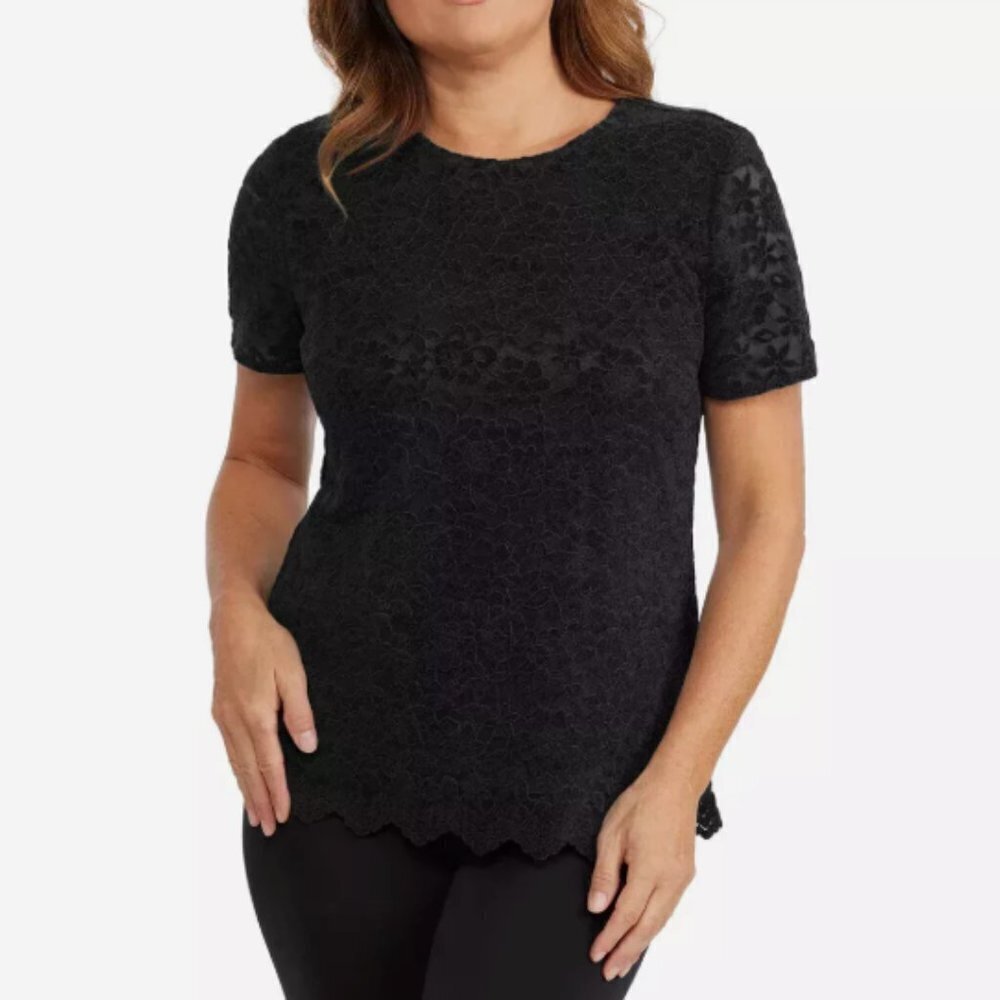 NEW Black Lace Floral Short Sleeve By Teddi Rose Scalloped Hem Keyhole M// 25CT